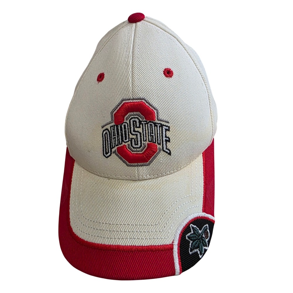 Ohio State Buckeyes Hat Adjustable Cap Cream Red Embroidered Buckeye Leaf Logo